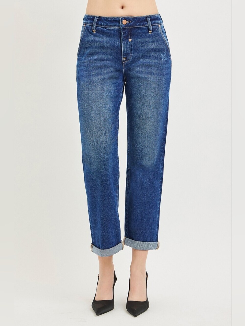 RISEN Dark Wash Slouchy Cuffed Boyfriend Jeans Stretch Slant Pocket Various NEW